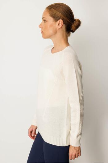 Desen Triko Women's Crew Neck Front and Mid-Sleeve Hair Knit Wool Sweater Bone