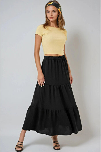 hazelin Women's Black Elastic Waist Ayrobin Long Skirt Hzl25S-Bd180481