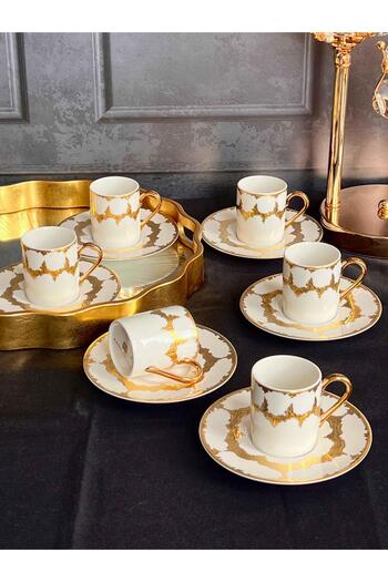 ROSSEV Turkish Coffee Cup 24K Ravival 6 Person Set 12 Pieces