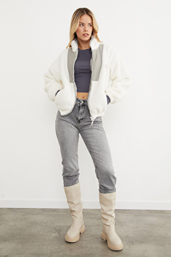 Fulla Moda Letter Embroidered Plush Coat with Flap Pockets and Stand Collar