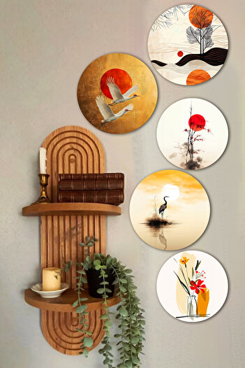 Wooden Factory Semplice Duvar Rafı ve Dekoratif Oval 5 Parça Tablo