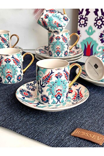 ROSSEV Turkish Coffee Cup Authentic Blue 6 Person Set 12 Pieces