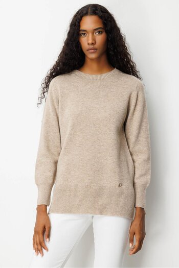 Desen Triko Women's Crew Neck Side Slit Wool Sweater Dark Beige
