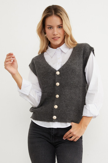 Fulla Moda Bearded Buttoned V-Neck Oversize Vest