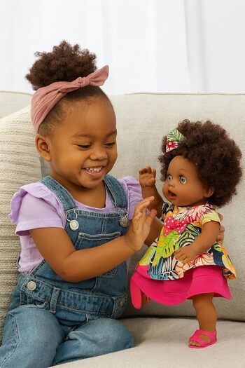 Generic African American Baby Doll with Natural Curly Hair, Tropical Print Dress and Pink Shoes