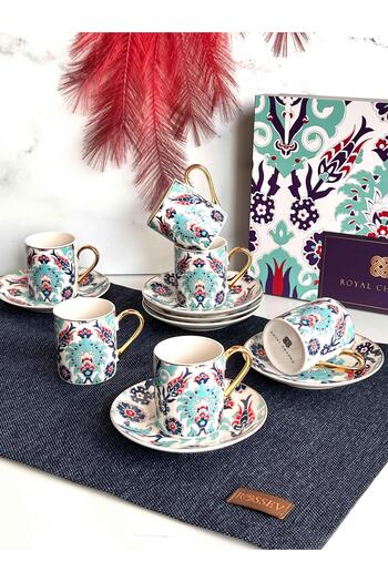 ROSSEV Turkish Coffee Cup Authentic Blue 6 Person Set 12 Pieces