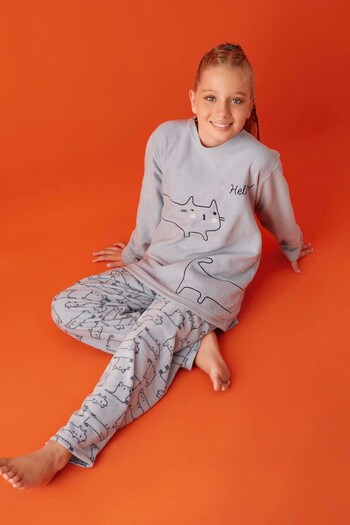 Aydoğan Girl's Waiter Gray Fleece Pajamas Set Long Sleeve - A10-1 - 2442 - Aydogan ®