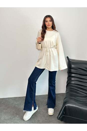 Hatun Atila Women's Waist Tied Sleeve Detailed Tunic 8896 - Ecru