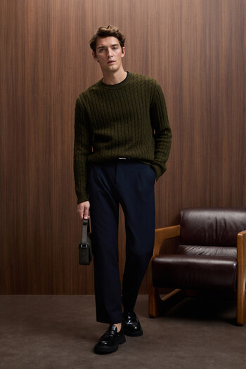 GRIMELANGE Brigham Men's Relaxed Fit Woven Navy Blue Pants with Elastic Waist, Side and Back Pockets, and Zipper Closure.