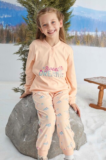 Aydoğan Girl's 100% Cotton Interlock Powder Pink Pajama Set Long Sleeve A9-2 -1715 - Aydogan ®