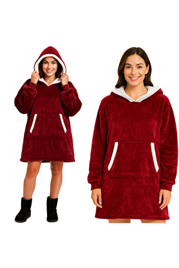 zola 2-in-1 blanket sweatshirt with hood and pocket, universal, fluffy interior, 88 x 80 cm, polyester, burgundy