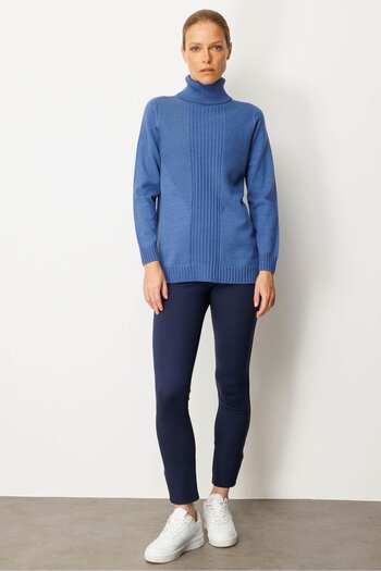 Desen Triko Women's Full Turtleneck Long Striped Sweater Indigo