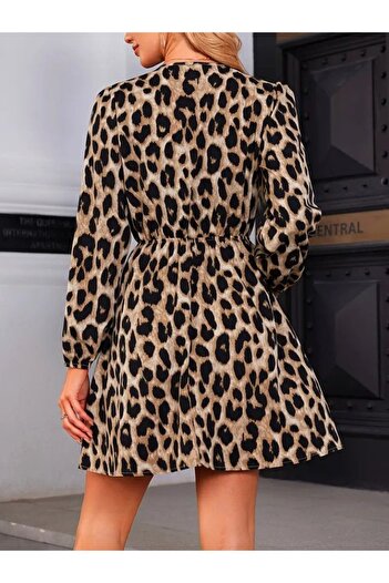Modayakamoz New Season Leopard Print Women's Double Breasted Collar Long Sleeve Mini Dress with Belt