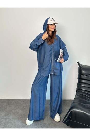 Hatun Atila Hooded Denim Relaxed Fit Two-Piece Set Navy Blue - 8889