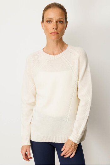 Desen Triko Women's Crew Neck Front and Mid-Sleeve Hair Knit Wool Sweater Bone