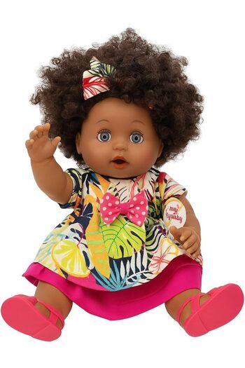 Generic African American Baby Doll with Natural Curly Hair, Tropical Print Dress and Pink Shoes