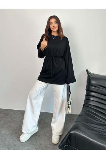 Hatun Atila Women's Waist Tied Sleeve Detailed Tunic 8896 - Black