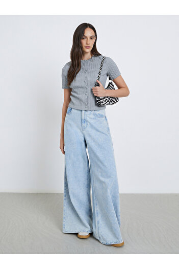 Styli Women Grey Textured Buttoned Knit Top