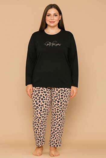 Pemilo Women's 20750 Large Size Long Sleeve 100% Cotton Milan Pajama Set Black