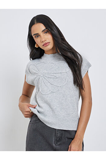 Styli Grey Knit Vest Top with Floral Detail