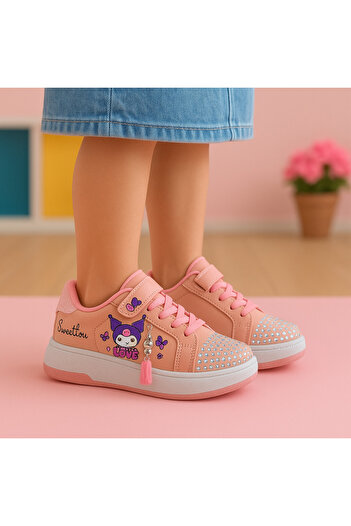 JOJO KIDS Girl's kuromi leather sports shoes, velcro sneakers, thick sole.