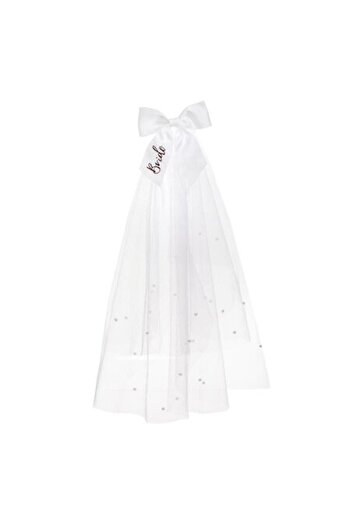 SHOPIENS Bride Hair Clip White Bow with Tulle 55cm Pearls Wedding Accessories