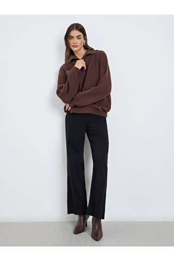 Styli Coffee Brown Cable Knit Half-Zip Sweater