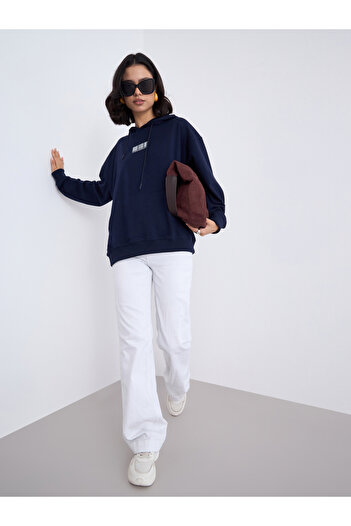 Styli Navy Barcode Print Oversized Hoodie