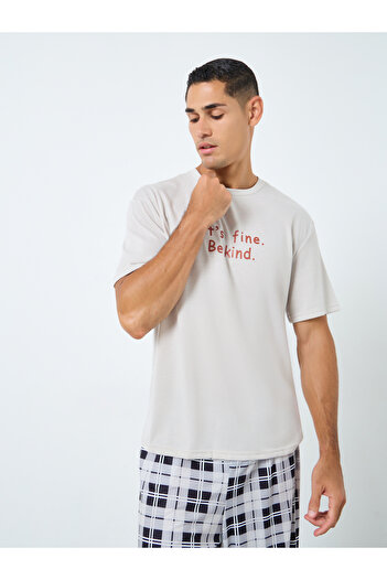 Styli Men Slogan Print T-Shirt and Checked Pyjama Set