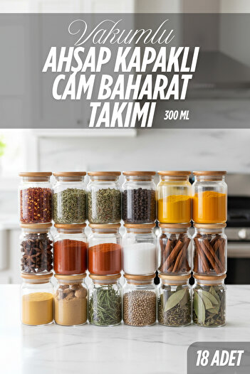 Denizcan Home 18 Pieces Vacuum Glass Spice Jar Set with Wooden Lid