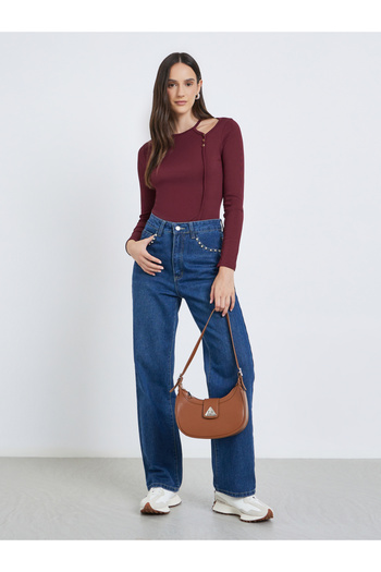 Styli Burgundy Ribbed Knit Top with Cut-Out Detail