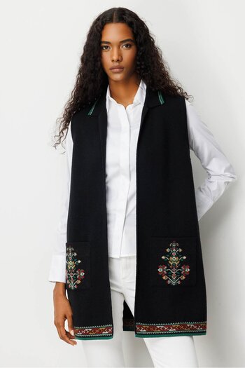 Desen Triko Women's Polo Neck Hem Kilim Patterned Long Wool Vest Black
