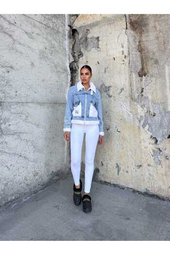 maf collection Women's Blue Belt and Fur Detail Denim Coat