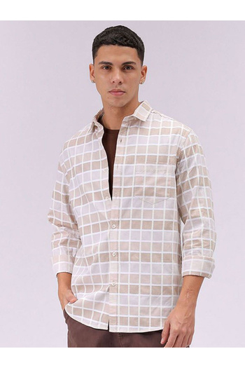 The Indian Garage Co By Styli Men Beige Slim Fit Checked Casual Shirt