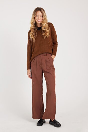 Tudors Women's Regular Fit Classic Cut Velcro Closure Palazzo Brown Trousers