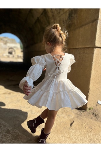 Balerinikizler Baby&Kids Girl's Dress with Gathered Balloon Sleeves and Back Detail