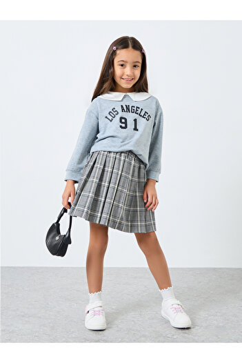 Styli Girls Grey Sweatshirt and Plaid Skirt Set