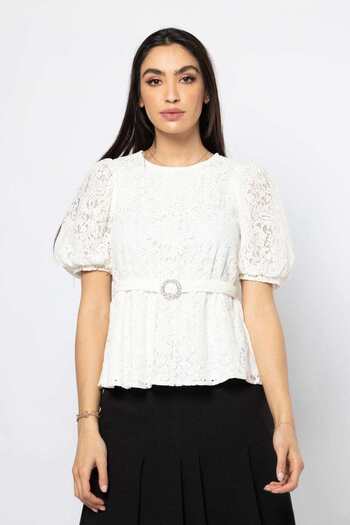Nichii Lace Puff-Sleeve Top with Belt