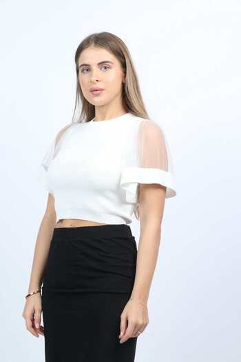 Nichii Solid Cropped Top with Sheer Sleeves
