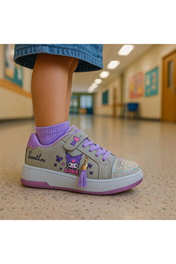 JOJO KIDS Girl's kuromi leather sports shoes, velcro sneakers, thick sole.