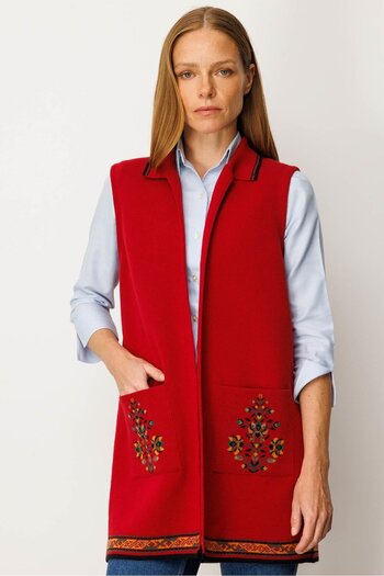 Desen Triko Women's Polo Neck Hem Kilim Patterned Long Wool Vest Dark Red