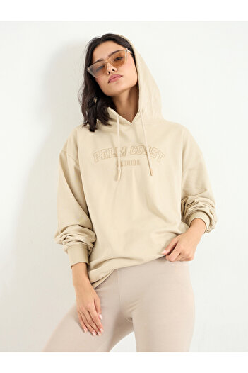 Styli Beige Embroidered Longline Hoodie