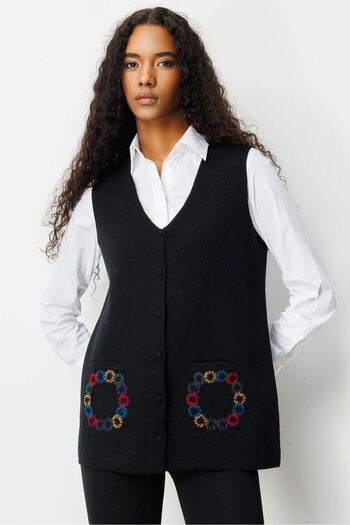 Desen Triko Women's V-Neck Pocket Crocheted Wool Vest Black