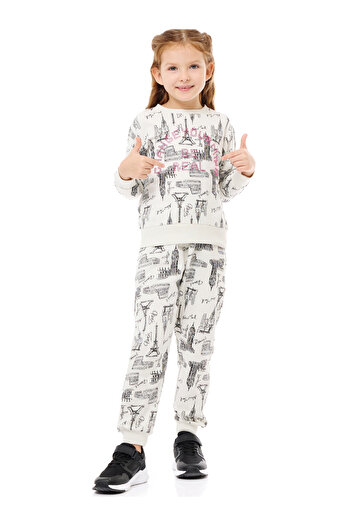 Victor and Jane By Styli Girls White All Over Print Sweatshirt and Joggers Set