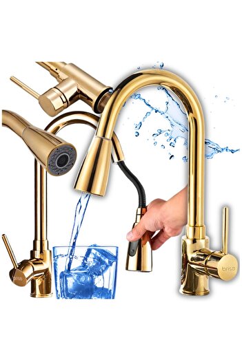 2H Freestanding, mobile kitchen faucet with gold pull-out spout and flexible hose