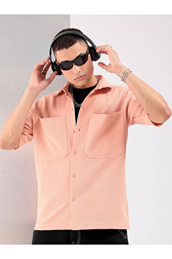 The Indian Garage Co By Styli Men Peach Boxy Fit Solid Streetwear Shirt