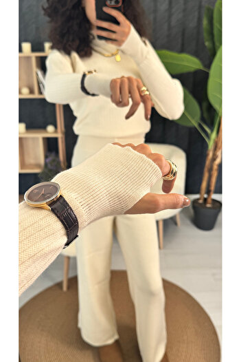 PUANT ATELIER Finger-Looped Ribbed Half-Fisherman Knit Crop Sweater Pants Knitwear Bottom-Top Set
