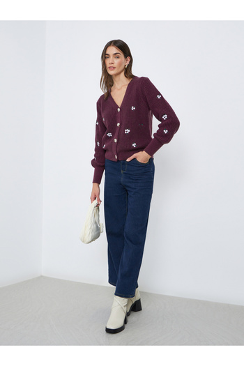 Styli Burgundy Floral Embroidered Cardigan