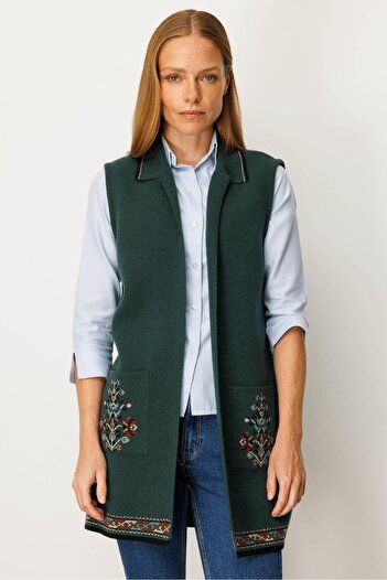 Desen Triko Women's Polo Neck Hem Kilim Patterned Long Wool Vest Green