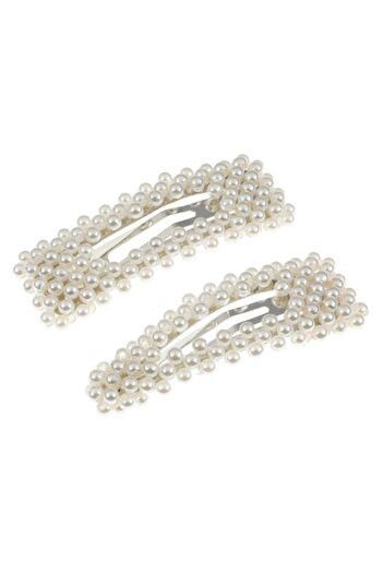 SHOPIENS Set 2 hair clips Shopiens® for women, metallic, with white oval and square pearls, 5.5 cm
